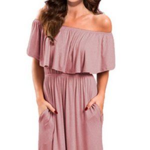Off Shoulder Summer Casual Long Ruffle Beach Maxi Dress with Pockets